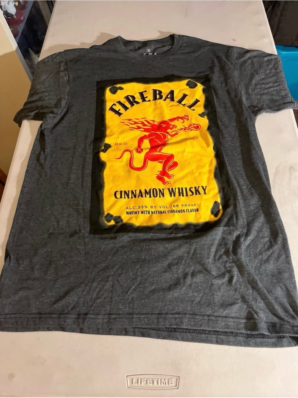 Cinnamon Whisky Graphic Tee - Charcoal Fireball Whiskey size medium